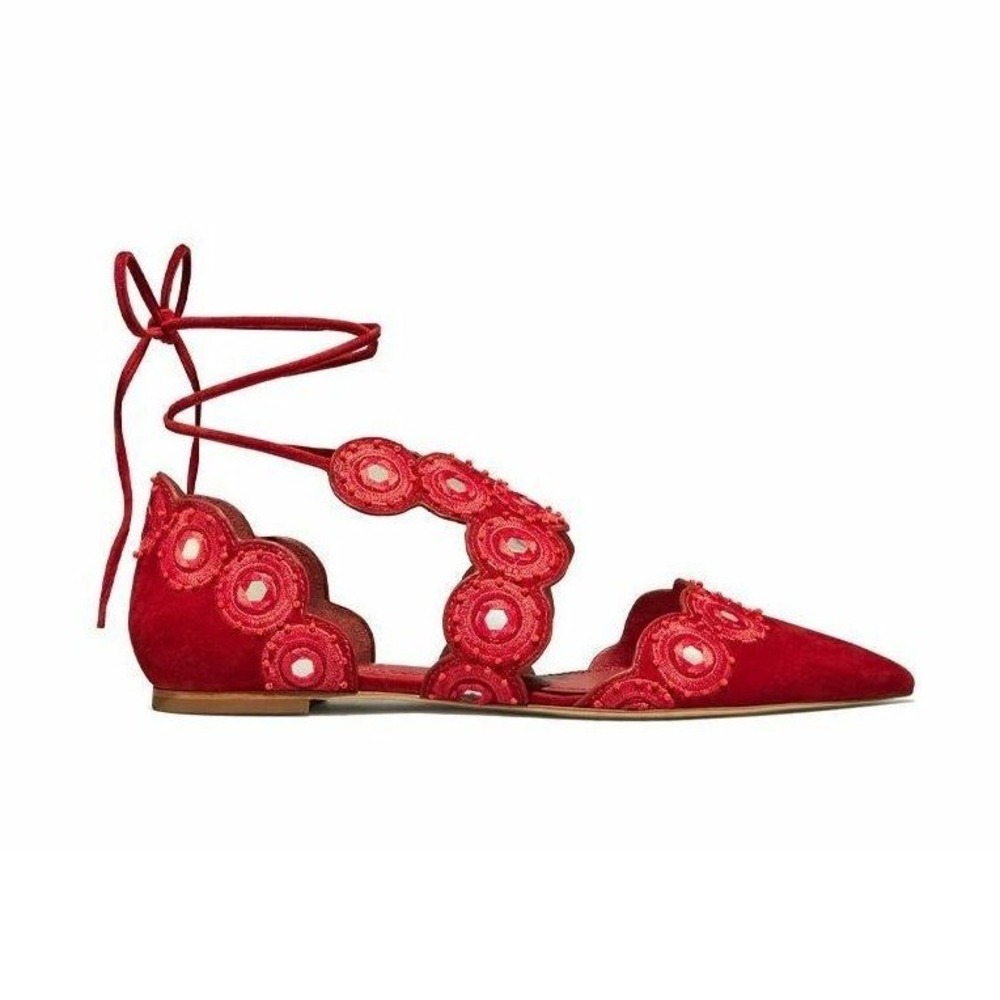 Tory Burch Yasmin D'Orsay Red‎ Suede Flat Size 5 - Picture 12 of 14